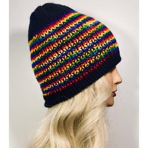 Hand made Black and rainbow reversible beanie